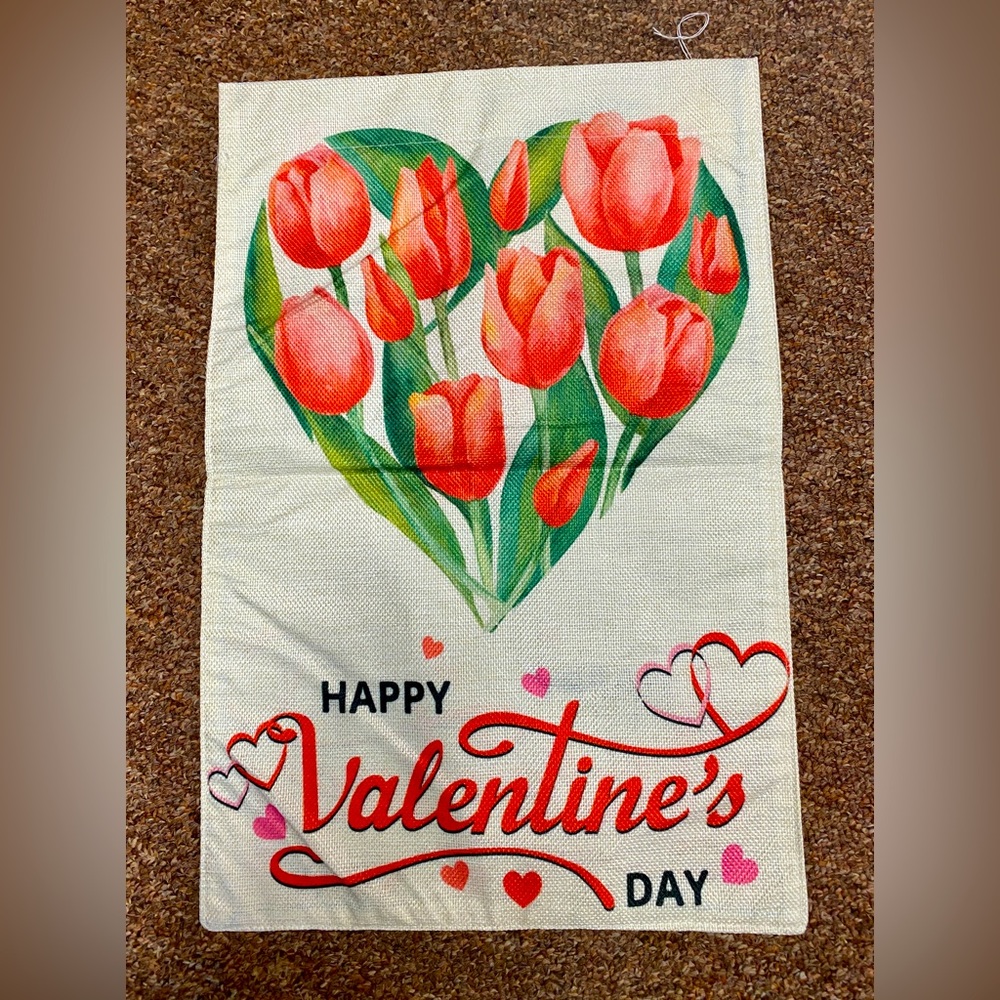NEW Burlap Valentines Day Garden Flag. Double sided. 12”x18”